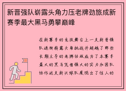 新晋强队崭露头角力压老牌劲旅成新赛季最大黑马勇攀巅峰