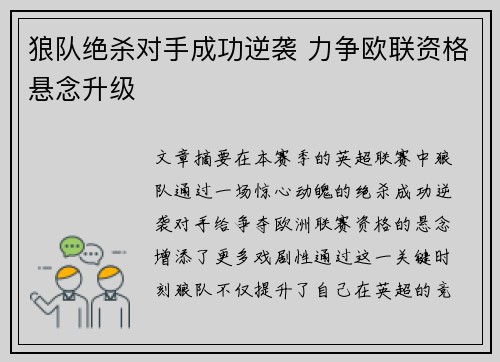 狼队绝杀对手成功逆袭 力争欧联资格悬念升级