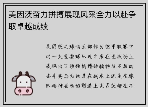 美因茨奋力拼搏展现风采全力以赴争取卓越成绩